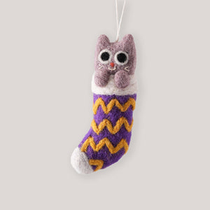 Elliot Kruszynski for Wrap | 'Viv Cat In Purple Stocking' Felt Decoration