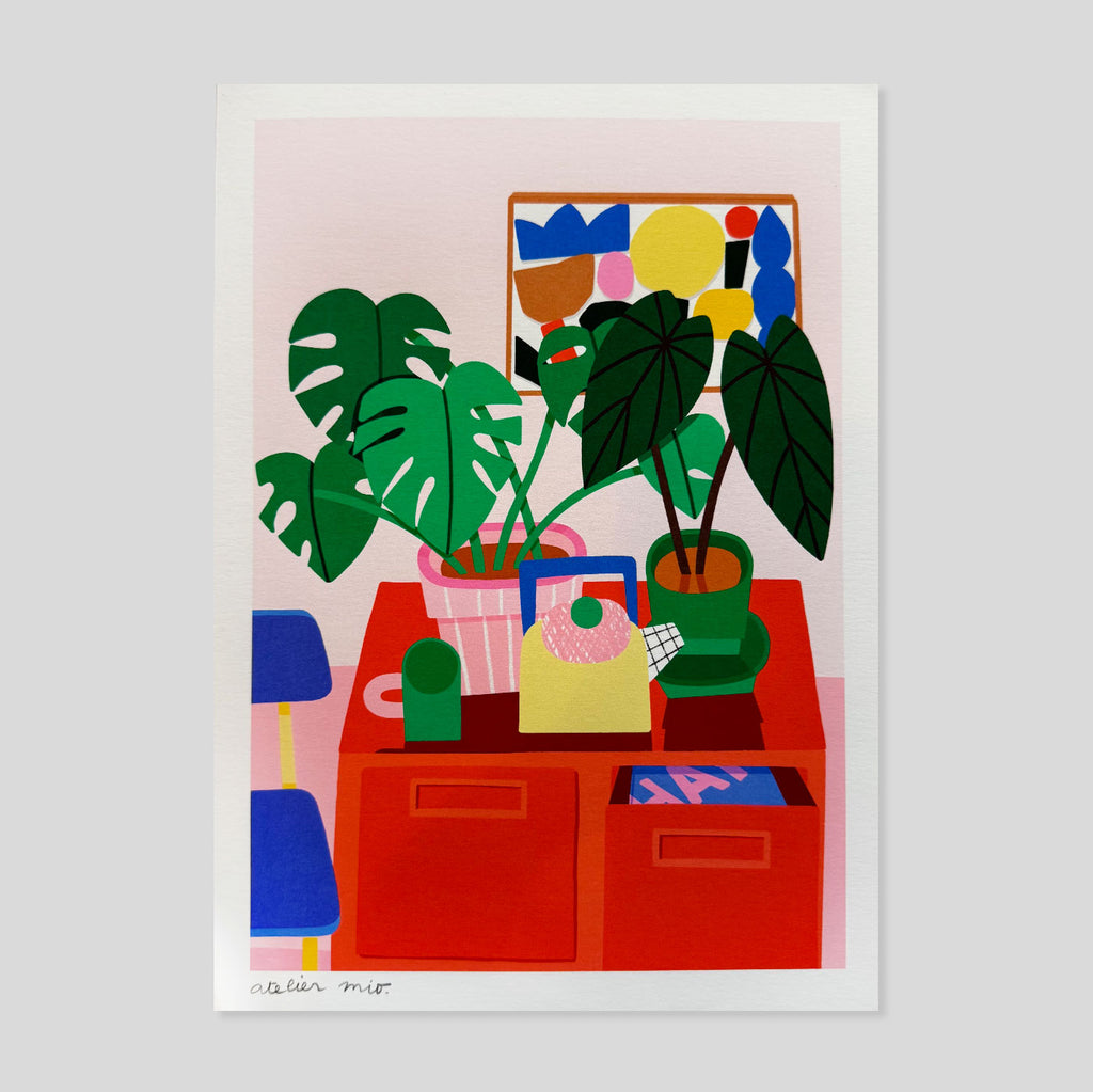 Atelier Mio | Red furniture and yellow teapot A4 Print
