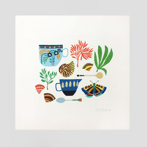 Shells, Cups & Butterfly Print by Brie Harrison